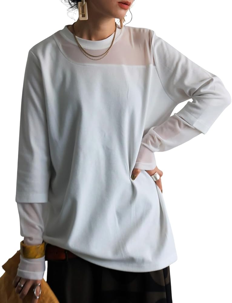 Amazon | [antiqua] [アンティカ]シアー切り替えトップス ロンT